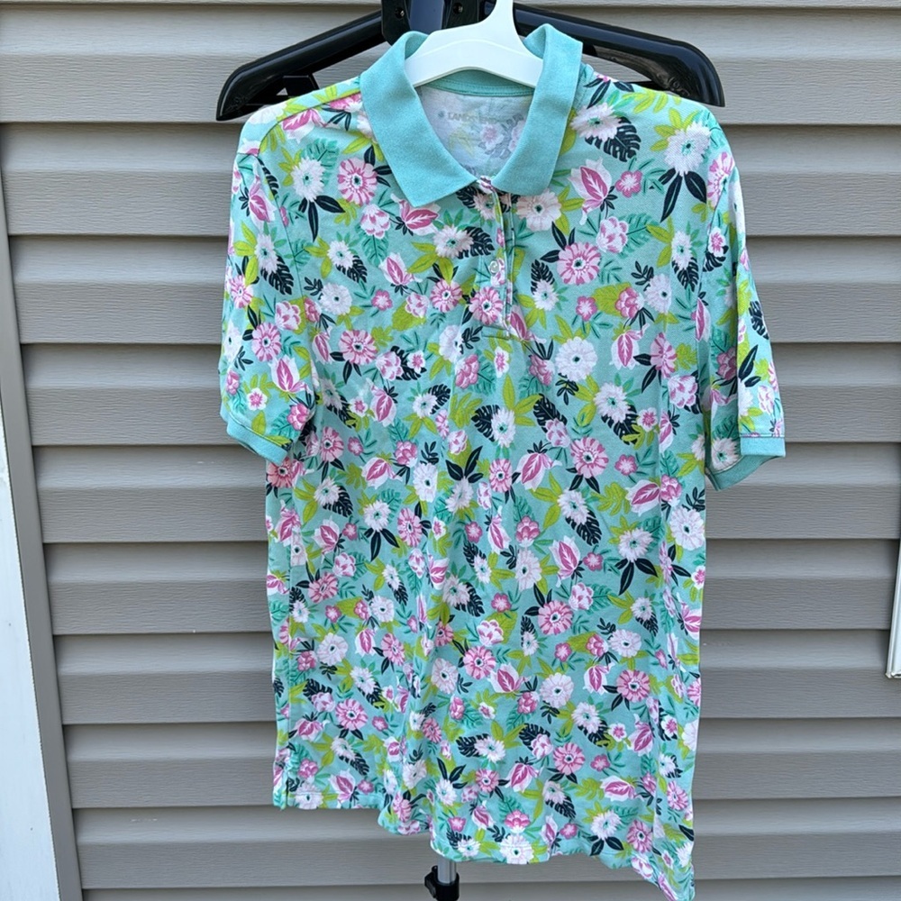 Lands End Hawaiian Polo Shirt Mens Flowers Short Sleeve
